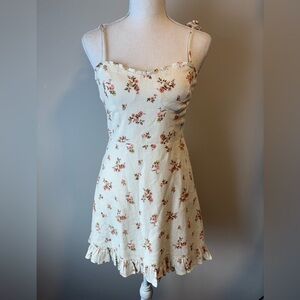 Mahina Cream Floral Linen-Blend Dress – Bustier Top, Smocked Back, Size Small